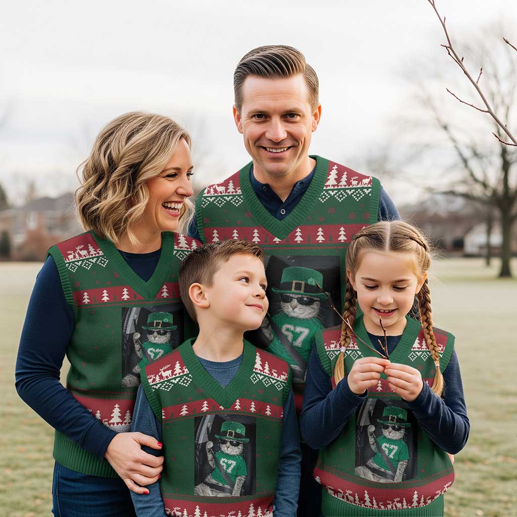 67 Cat St Patricks Day V-Neck Knit Sweater Vest Funny Cat Driver Leprechaun Meme TS14 Red Green Print Your Wear