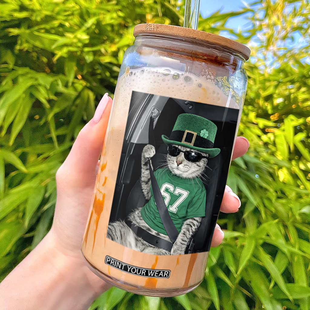 67 Cat St Patricks Day Glass Can Funny Cat Driver Leprechaun Meme TS14 Black Print Your Wear