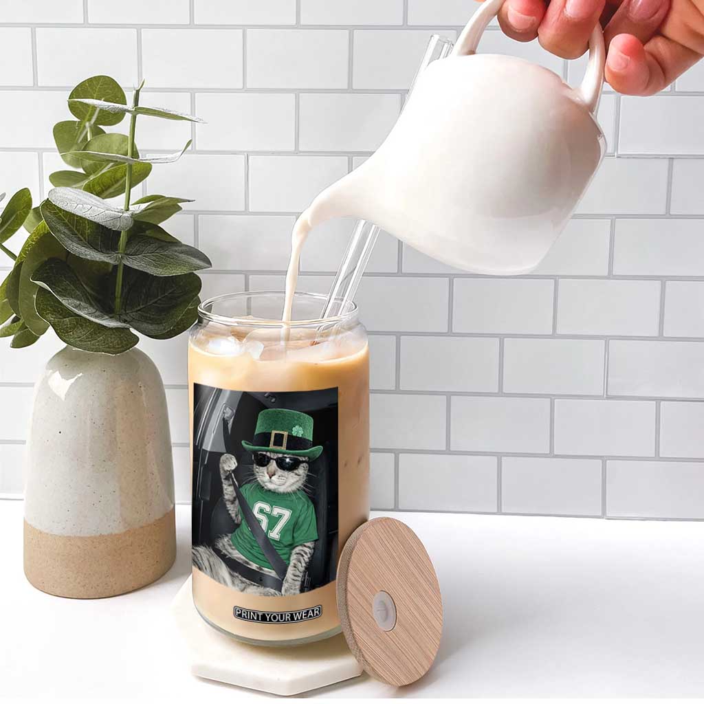 67 Cat St Patricks Day Glass Can Funny Cat Driver Leprechaun Meme TS14 Print Your Wear