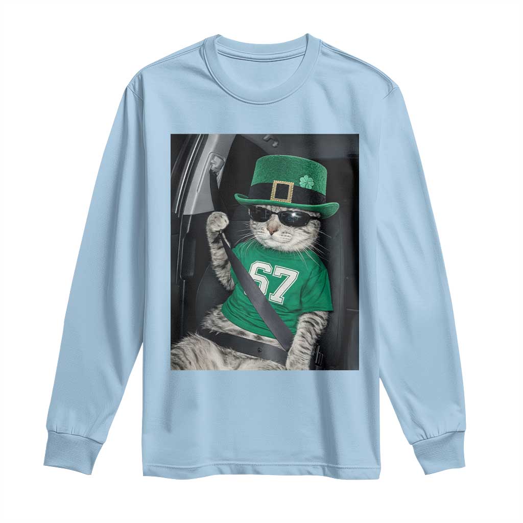 67 Cat St Patricks Day Long Sleeve Shirt Funny Cat Driver Leprechaun Meme TS14 Light Blue Print Your Wear