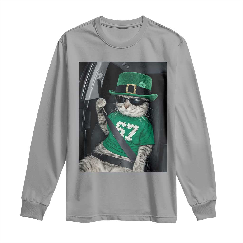 67 Cat St Patricks Day Long Sleeve Shirt Funny Cat Driver Leprechaun Meme TS14 Sport Gray Print Your Wear