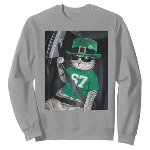 67 Cat St Patricks Day Sweatshirt Funny Cat Driver Leprechaun Meme TS14 Sport Gray Print Your Wear