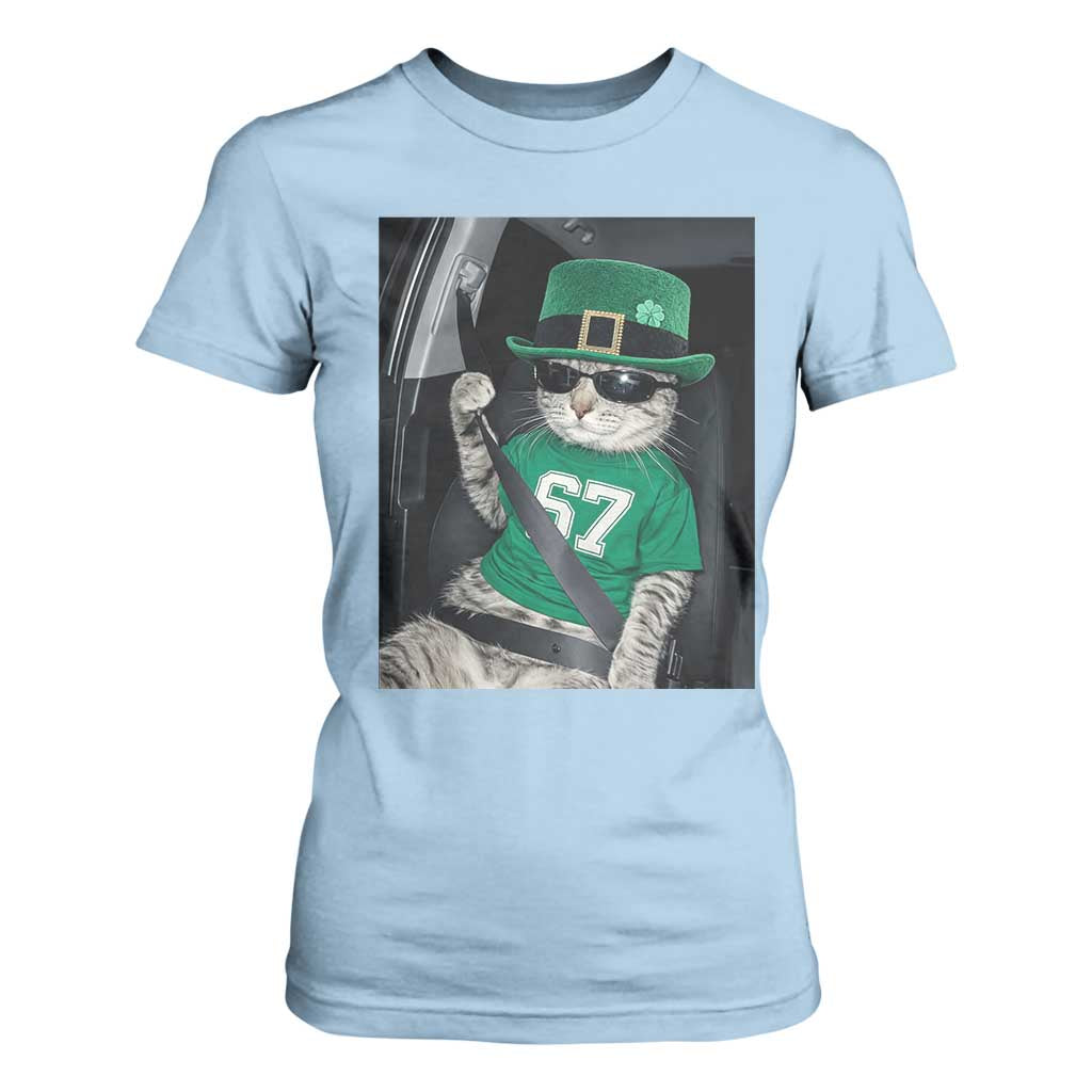 67 Cat St Patricks Day T Shirt For Women Funny Cat Driver Leprechaun Meme TS14 Light Blue Print Your Wear