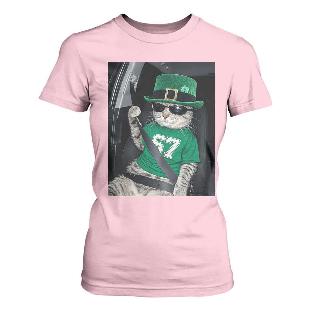 67 Cat St Patricks Day T Shirt For Women Funny Cat Driver Leprechaun Meme TS14 Light Pink Print Your Wear