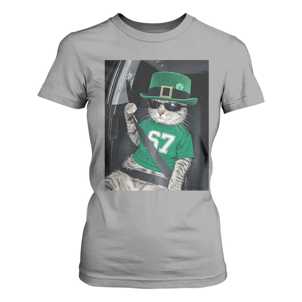 67 Cat St Patricks Day T Shirt For Women Funny Cat Driver Leprechaun Meme TS14 Sport Gray Print Your Wear