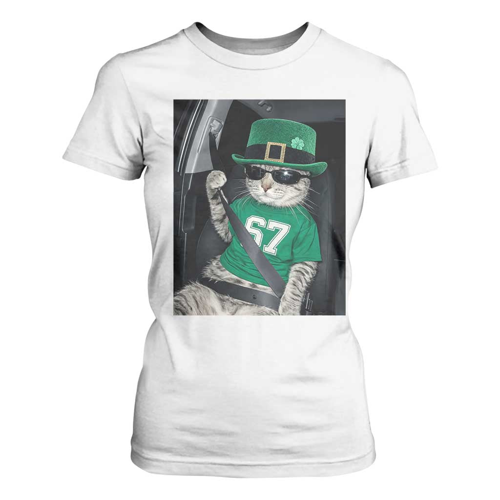 67 Cat St Patricks Day T Shirt For Women Funny Cat Driver Leprechaun Meme TS14 White Print Your Wear