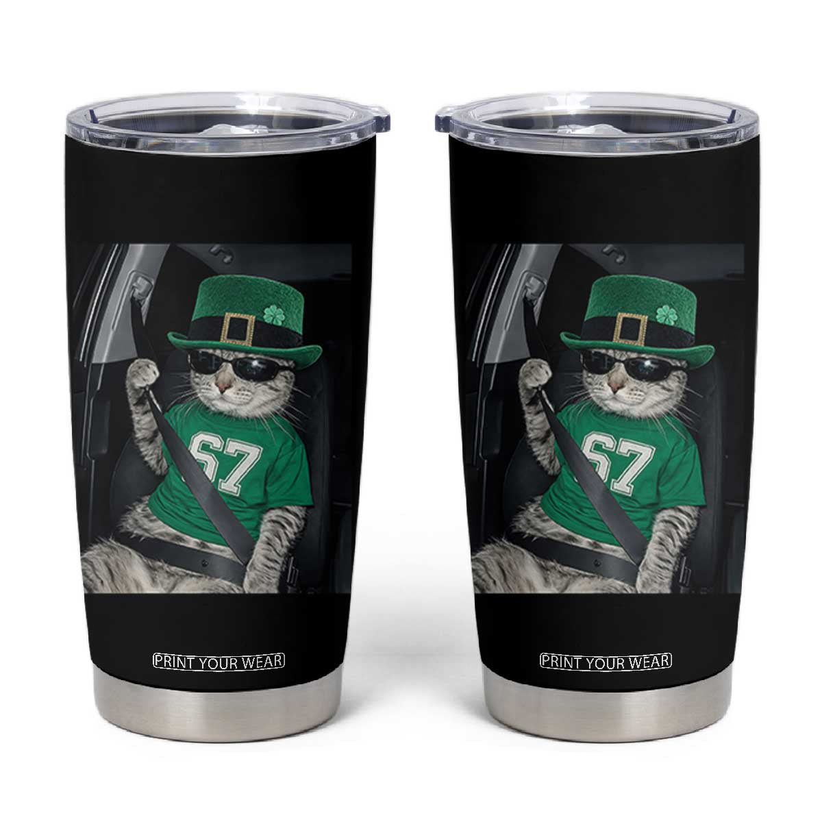 67 Cat St Patricks Day Tumbler Cup Funny Cat Driver Leprechaun Meme TS14 Black Print Your Wear