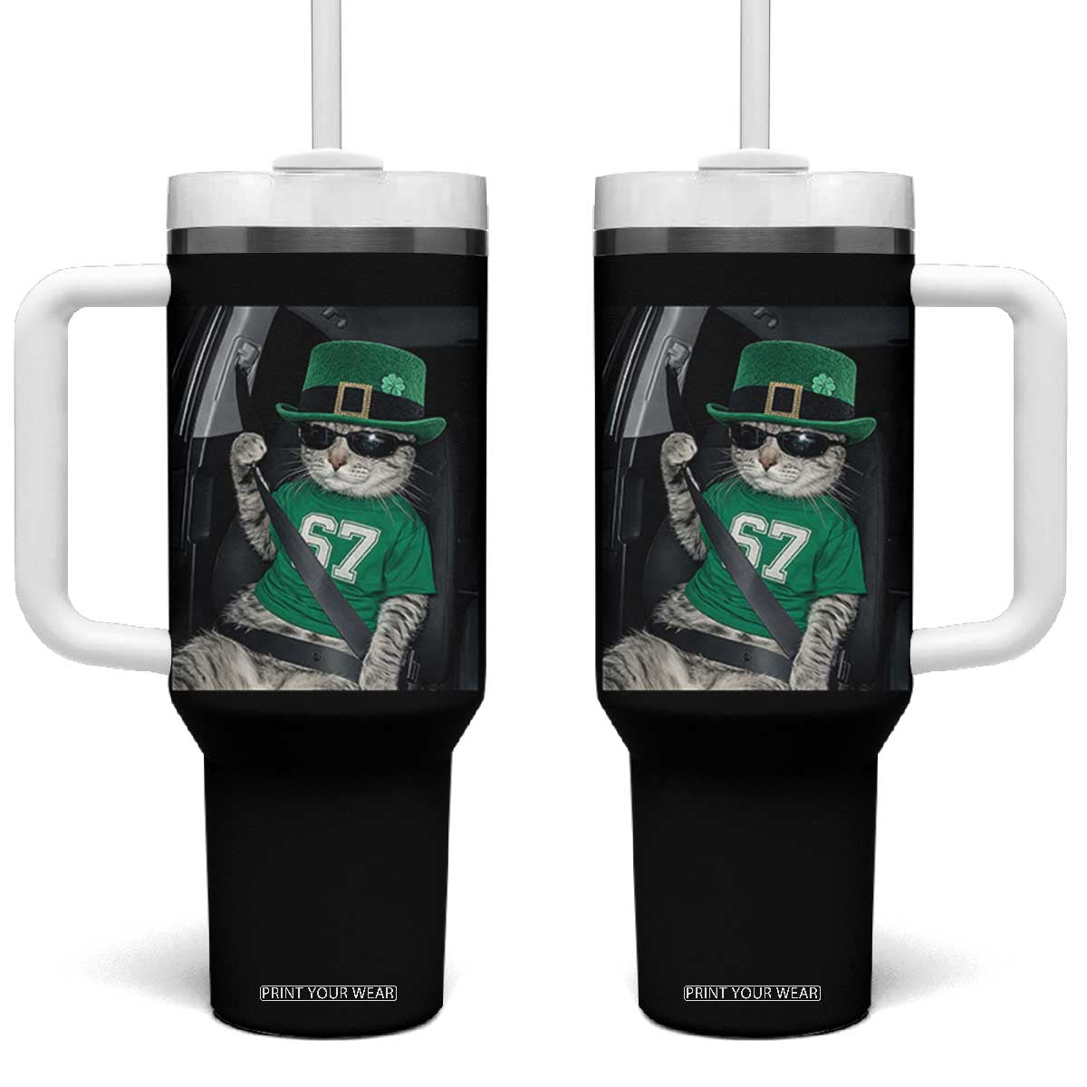 67 Cat St Patricks Day Tumbler With Handle Funny Cat Driver Leprechaun Meme TS14 One Size: 40 oz Black Print Your Wear