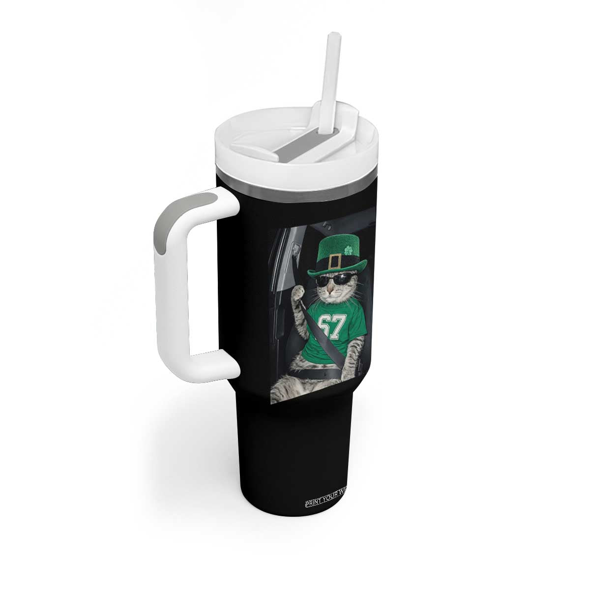67 Cat St Patricks Day Tumbler With Handle Funny Cat Driver Leprechaun Meme TS14 Print Your Wear