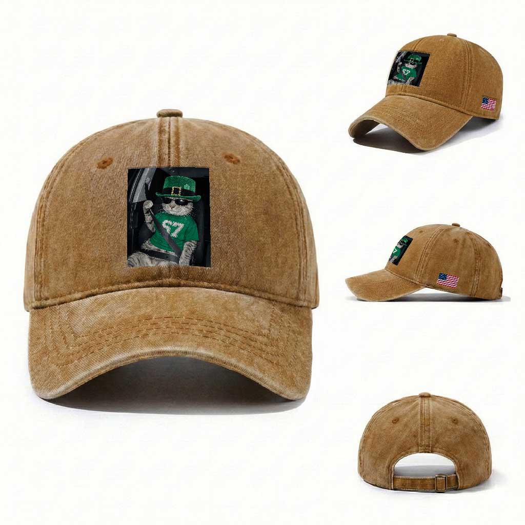 67 Cat St Patricks Day Washed Cotton Baseball Cap Funny Cat Driver Leprechaun Meme TS14 Washed Cap Universal Fit Yellow Ochre Print Your Wear