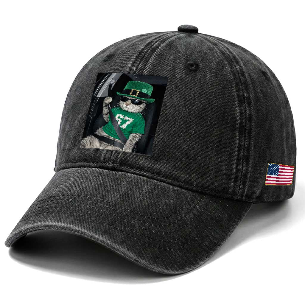 67 Cat St Patricks Day Washed Cotton Baseball Cap Funny Cat Driver Leprechaun Meme TS14 Print Your Wear