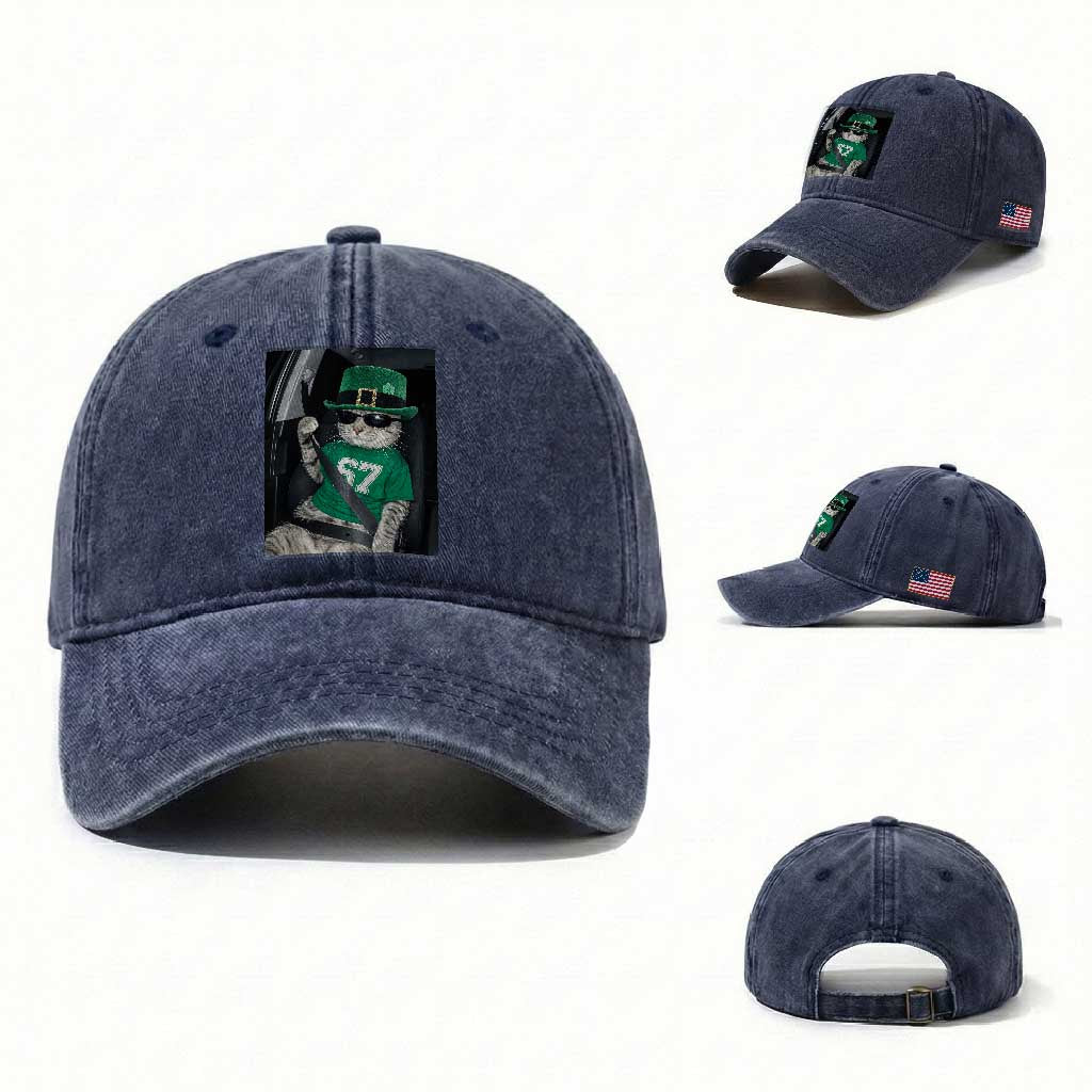 67 Cat St Patricks Day Washed Cotton Baseball Cap Funny Cat Driver Leprechaun Meme TS14 Washed Cap Universal Fit Navy Print Your Wear
