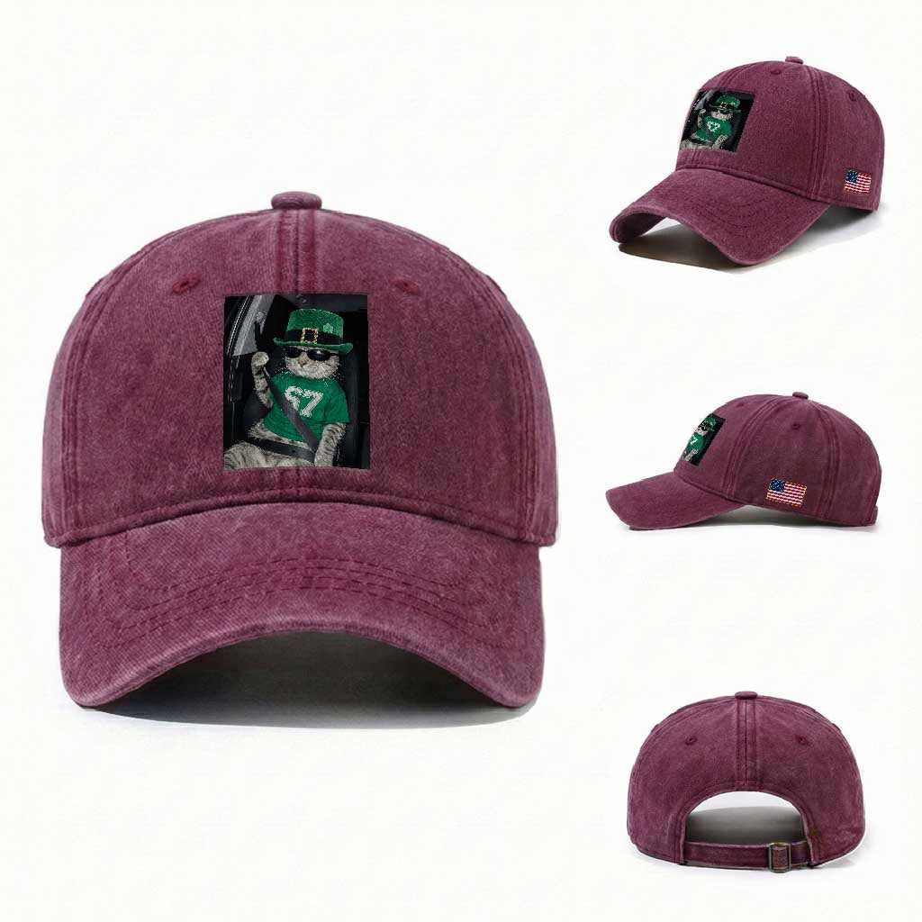 67 Cat St Patricks Day Washed Cotton Baseball Cap Funny Cat Driver Leprechaun Meme TS14 Washed Cap Universal Fit Burgundy Print Your Wear