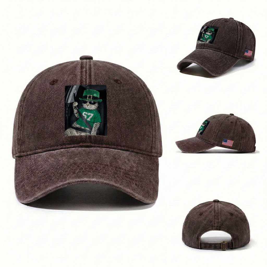 67 Cat St Patricks Day Washed Cotton Baseball Cap Funny Cat Driver Leprechaun Meme TS14 Washed Cap Universal Fit Dark Brown Print Your Wear