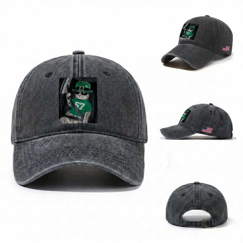 67 Cat St Patricks Day Washed Cotton Baseball Cap Funny Cat Driver Leprechaun Meme TS14 Washed Cap Universal Fit Dark Gray Print Your Wear