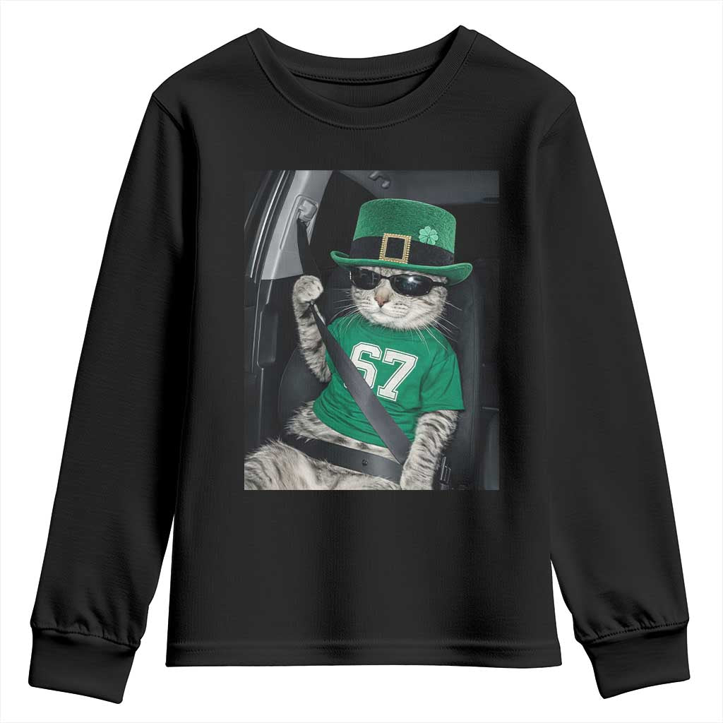 67 Cat St Patricks Day Youth Sweatshirt Funny Cat Driver Leprechaun Meme TS14 Black Print Your Wear