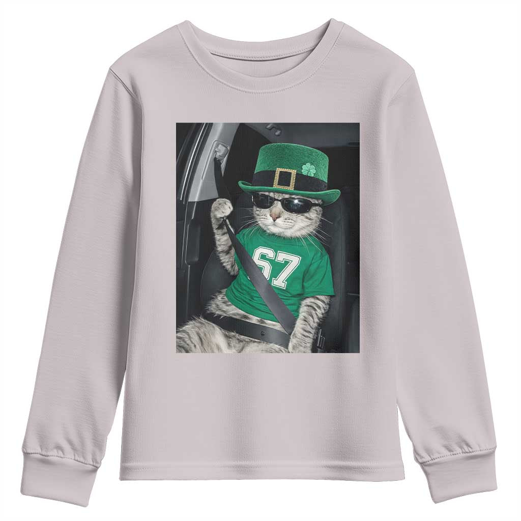 67 Cat St Patricks Day Youth Sweatshirt Funny Cat Driver Leprechaun Meme TS14 Ice Gray Print Your Wear
