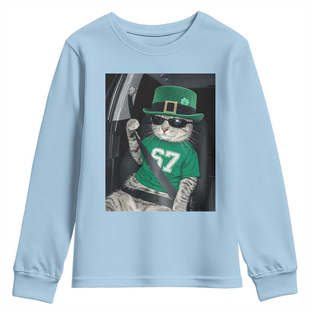 67 Cat St Patricks Day Youth Sweatshirt Funny Cat Driver Leprechaun Meme TS14 Light Blue Print Your Wear