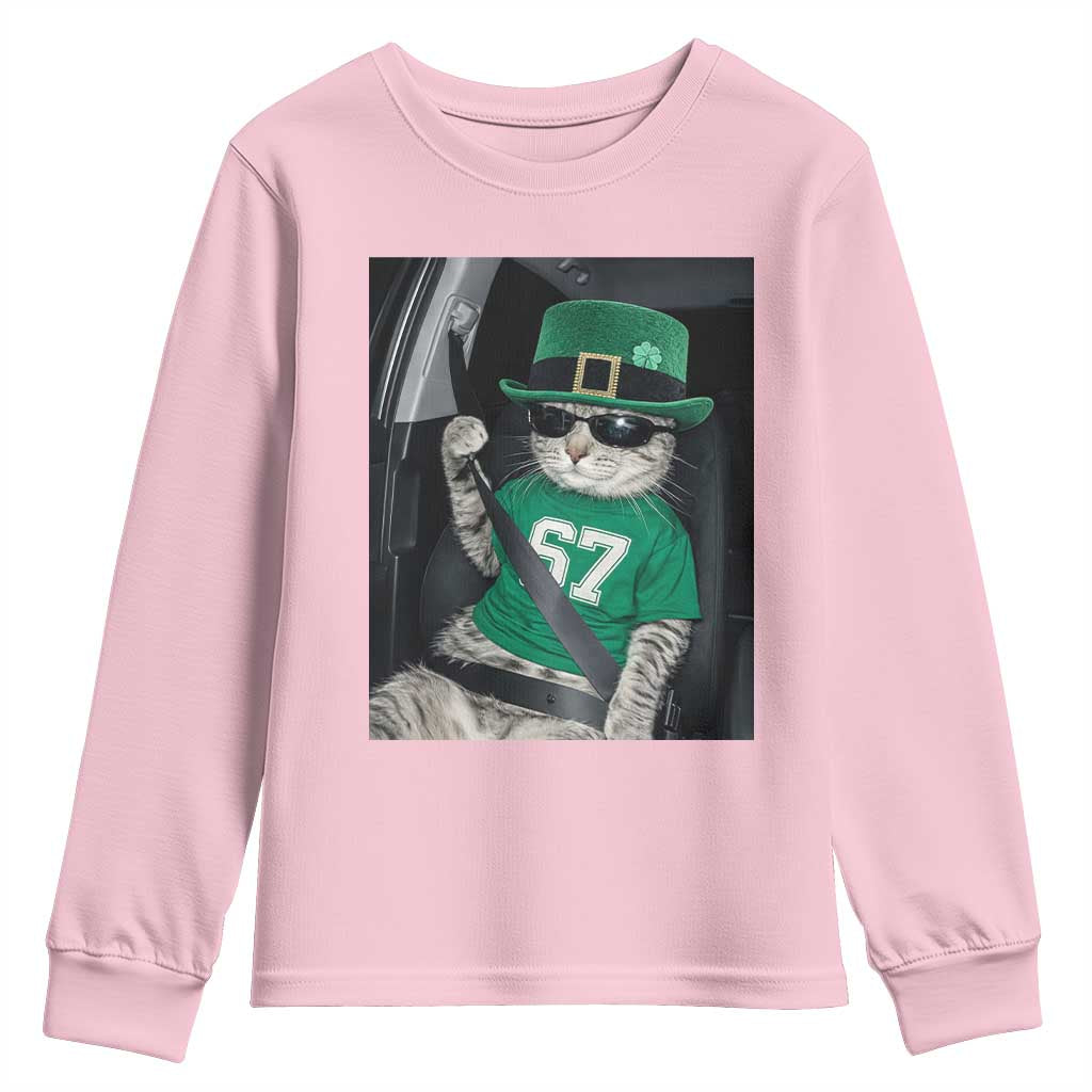 67 Cat St Patricks Day Youth Sweatshirt Funny Cat Driver Leprechaun Meme TS14 Light Pink Print Your Wear