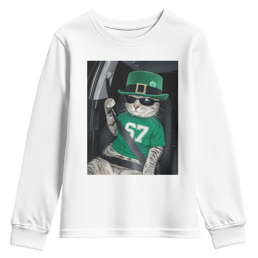 67 Cat St Patricks Day Youth Sweatshirt Funny Cat Driver Leprechaun Meme TS14 White Print Your Wear
