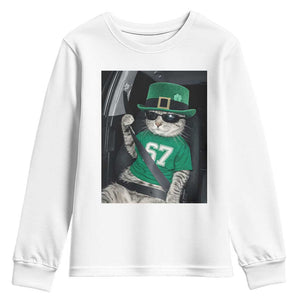 67 Cat St Patricks Day Youth Sweatshirt Funny Cat Driver Leprechaun Meme TS14 White Print Your Wear