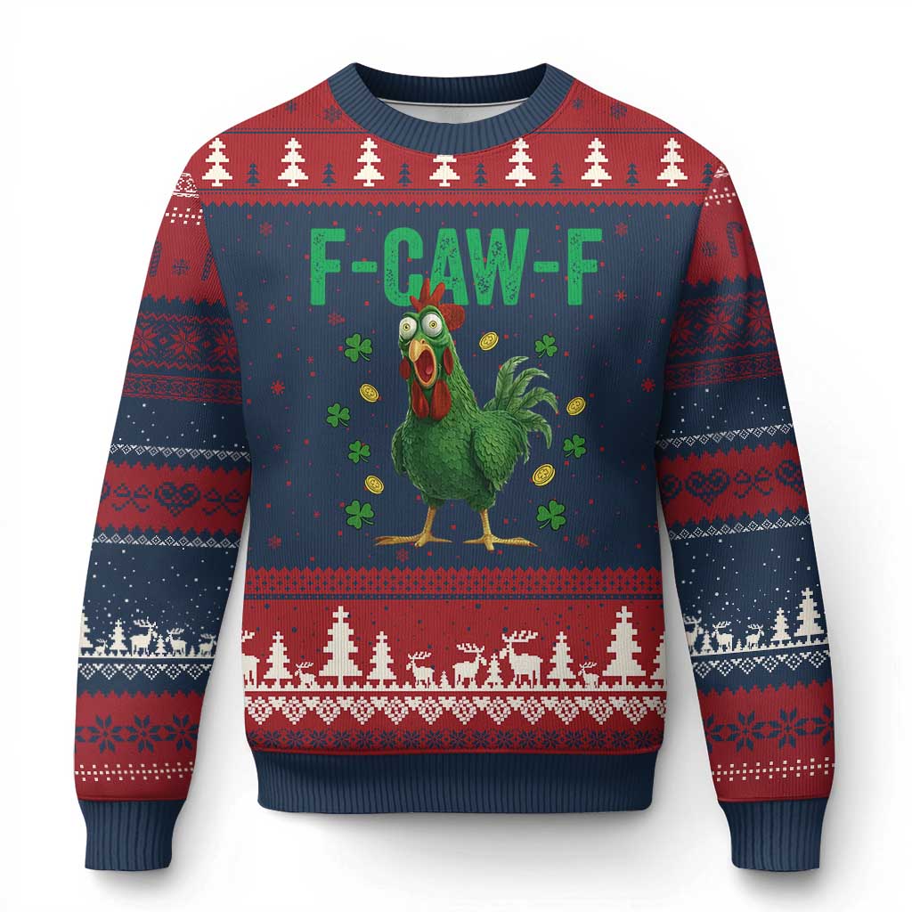 Funny St Patrick Day Ugly Christmas Sweater F-Caw-F Lucky Chicken Meme TS14 Navy Red Print Your Wear