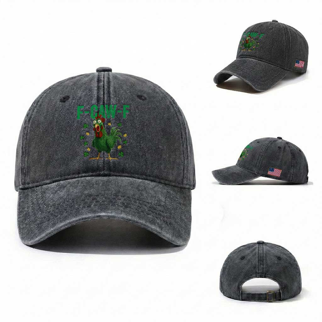 Funny St Patrick Day Washed Cotton Baseball Cap F-Caw-F Lucky Chicken Meme TS14 Washed Cap Universal Fit Dark Gray Print Your Wear