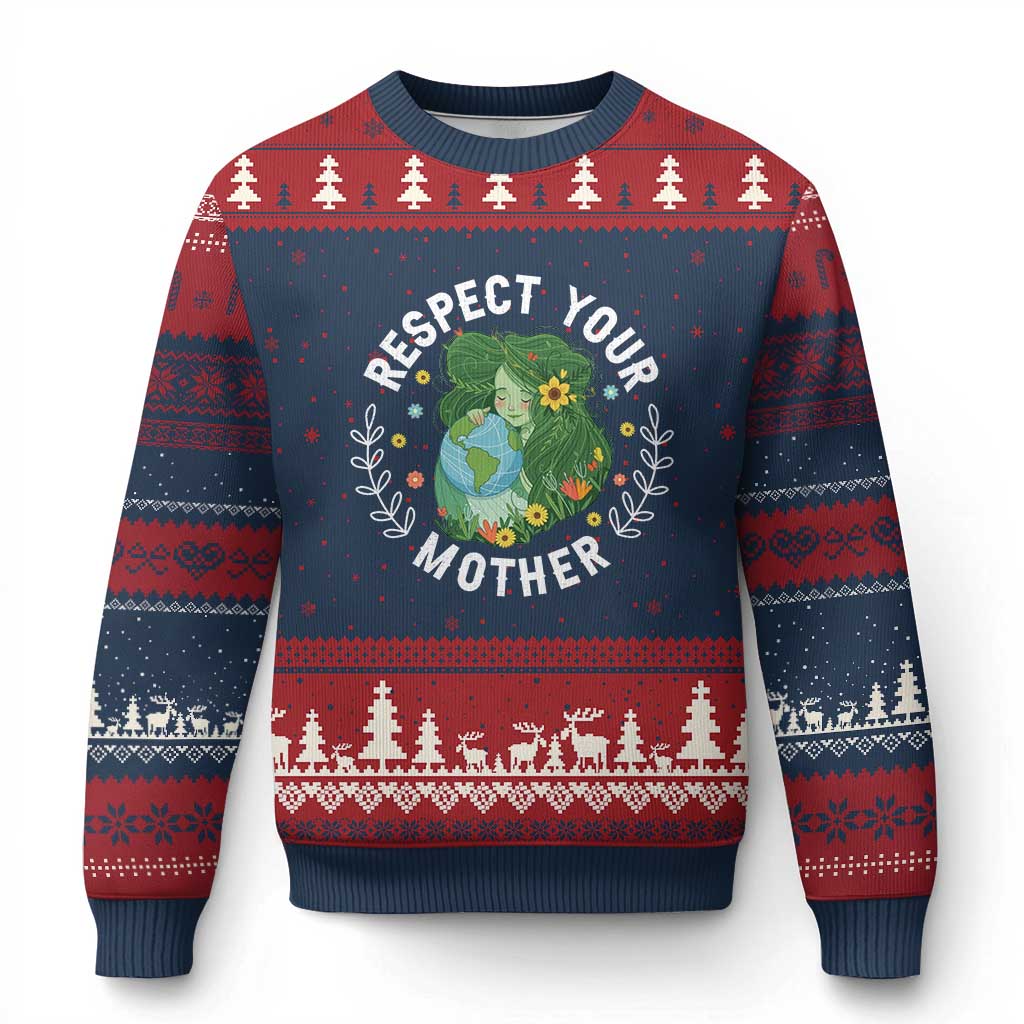 Respect Your Mother Ugly Christmas Sweater Earth Mother Women Girl TS14 Navy Red Print Your Wear