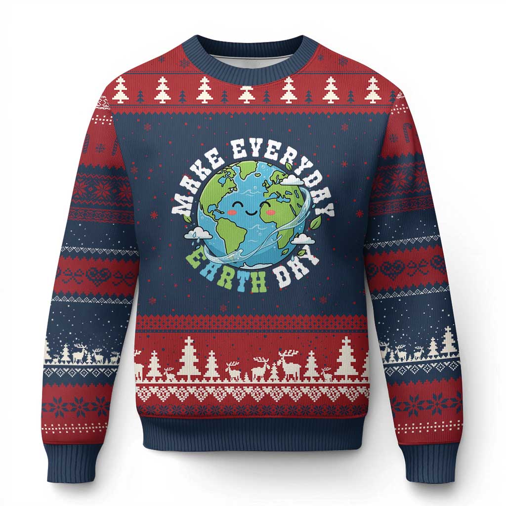 Funny Make Earth Day Every Day Ugly Christmas Sweater Cute Environmental Awareness Earth Day TS14 Navy Red Print Your Wear