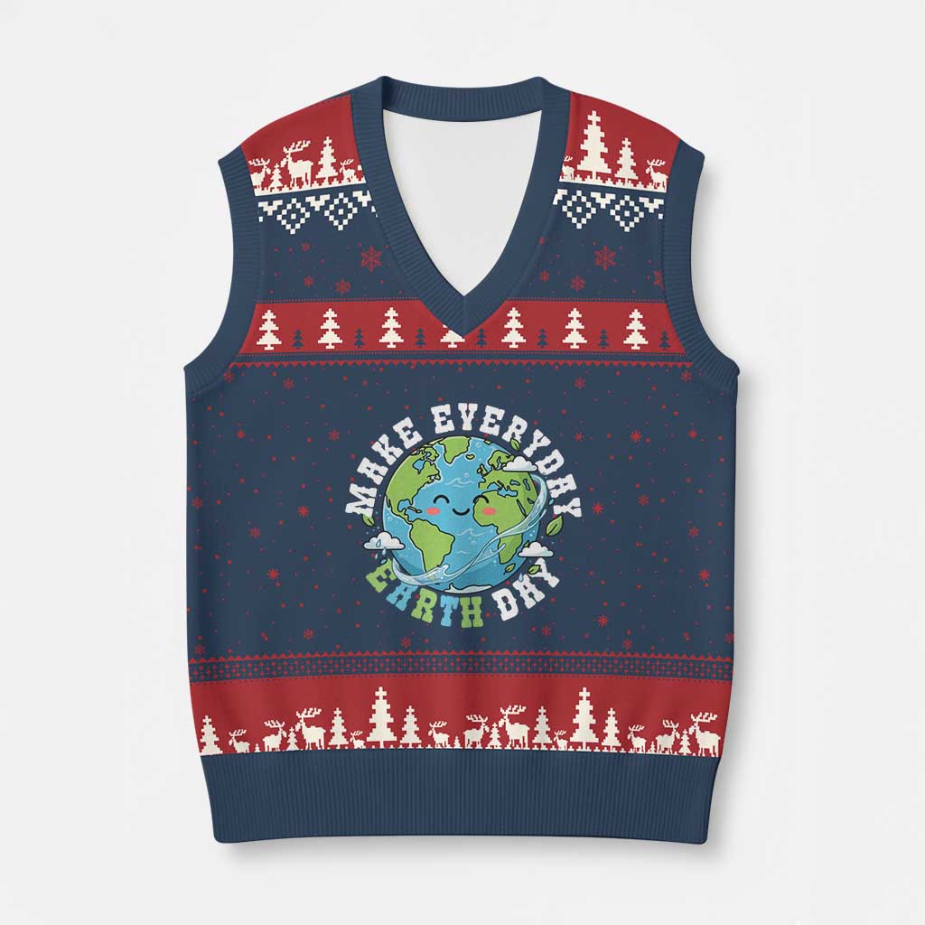 Funny Make Earth Day Every Day V-Neck Knit Sweater Vest Cute Environmental Awareness Earth Day TS14 Navy Red Print Your Wear