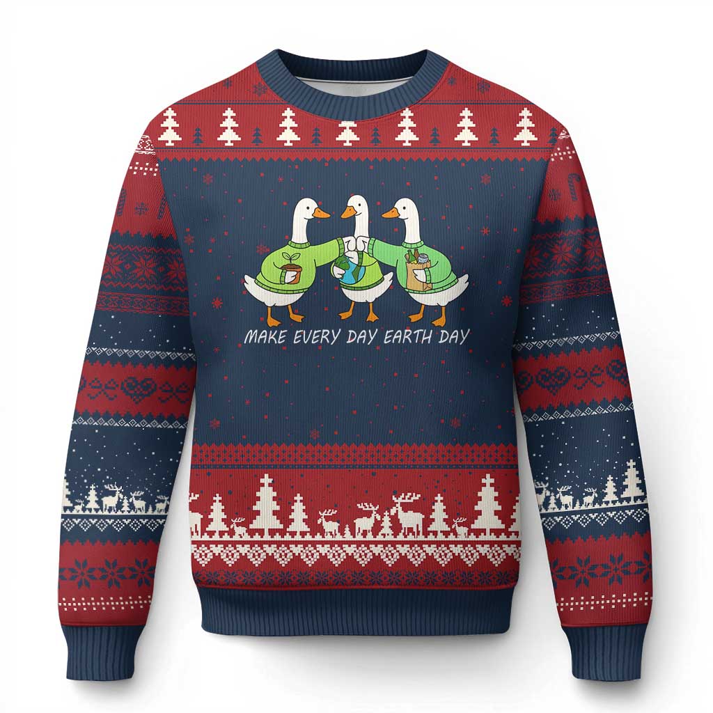 Funny Earth Day Ugly Christmas Sweater Silly Goose Make Earth Day Every Day TS14 Navy Red Print Your Wear
