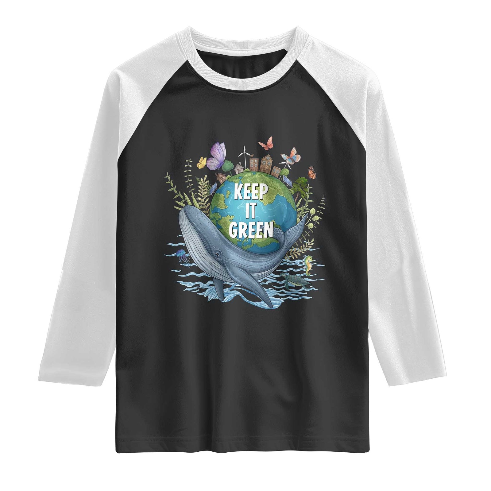 Keep It Green Earth Day Raglan Shirt Eco-Friendly Nature Environmental Awareness TS14 Black White Print Your Wear