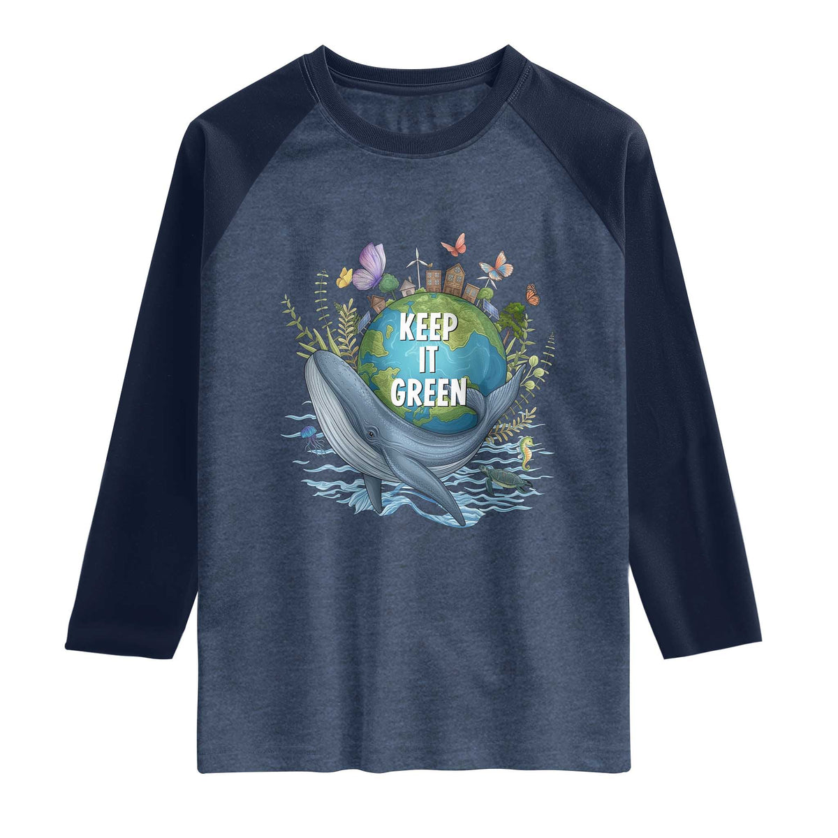 Keep It Green Earth Day Raglan Shirt Eco-Friendly Nature Environmental Awareness TS14 Heather Denim Navy Print Your Wear