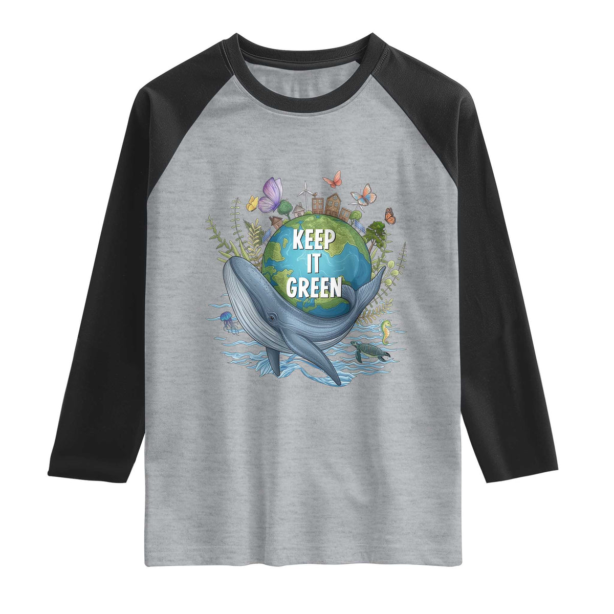 Keep It Green Earth Day Raglan Shirt Eco-Friendly Nature Environmental Awareness TS14 Heather Gray Black Print Your Wear