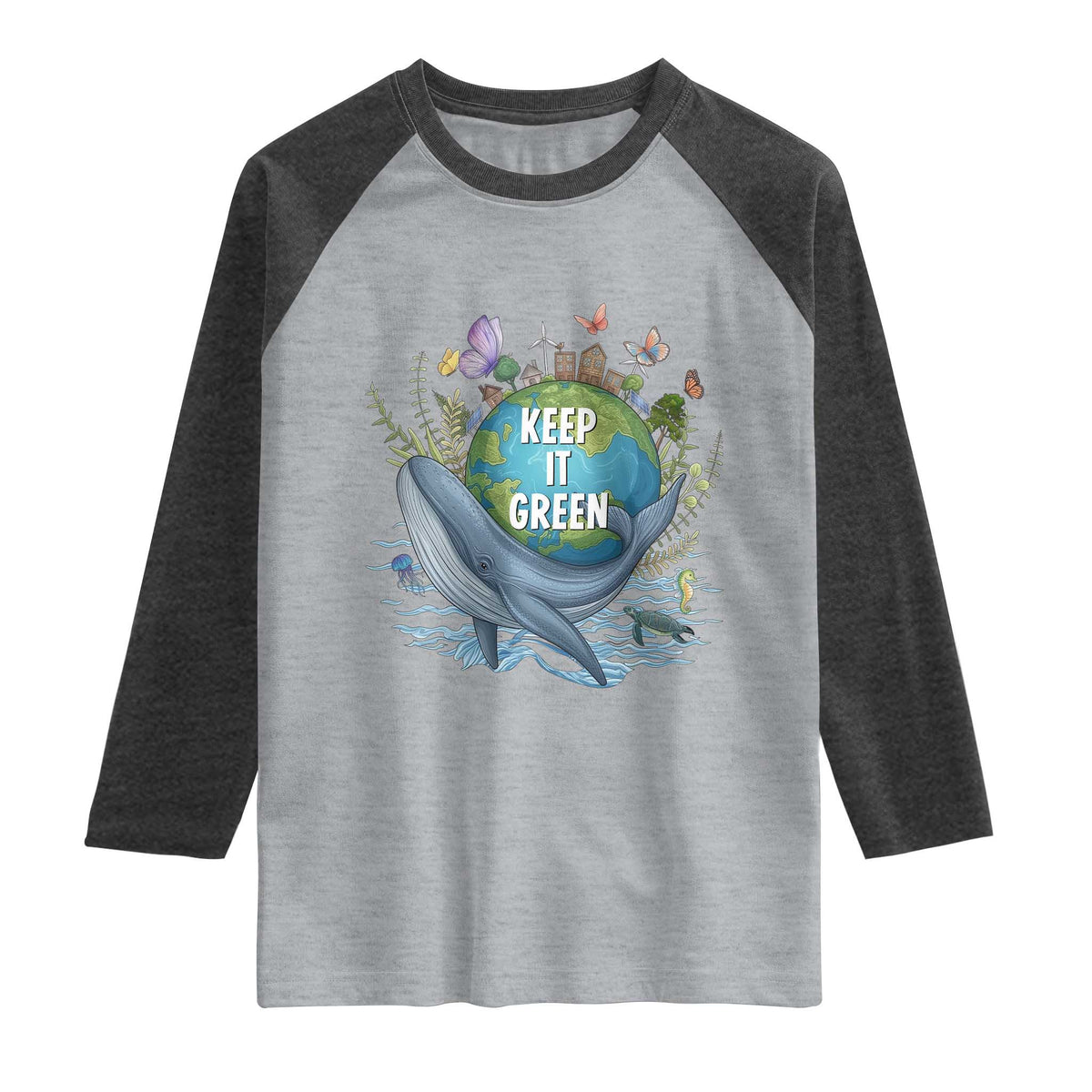 Keep It Green Earth Day Raglan Shirt Eco-Friendly Nature Environmental Awareness TS14 Heather Gray Heather Charcoal Print Your Wear