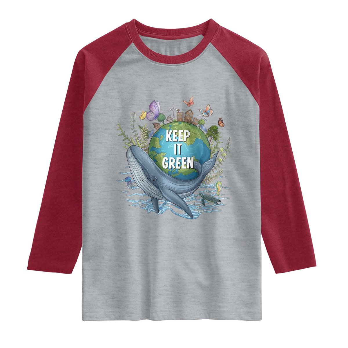 Keep It Green Earth Day Raglan Shirt Eco-Friendly Nature Environmental Awareness TS14 Heather Gray Heather Red Print Your Wear