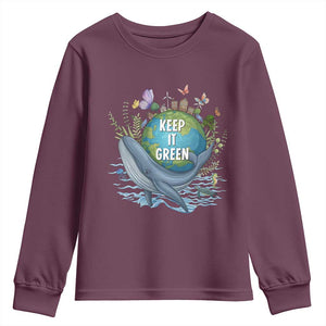 Keep It Green Earth Day Youth Sweatshirt Eco-Friendly Nature Environmental Awareness TS14 Maroon Print Your Wear