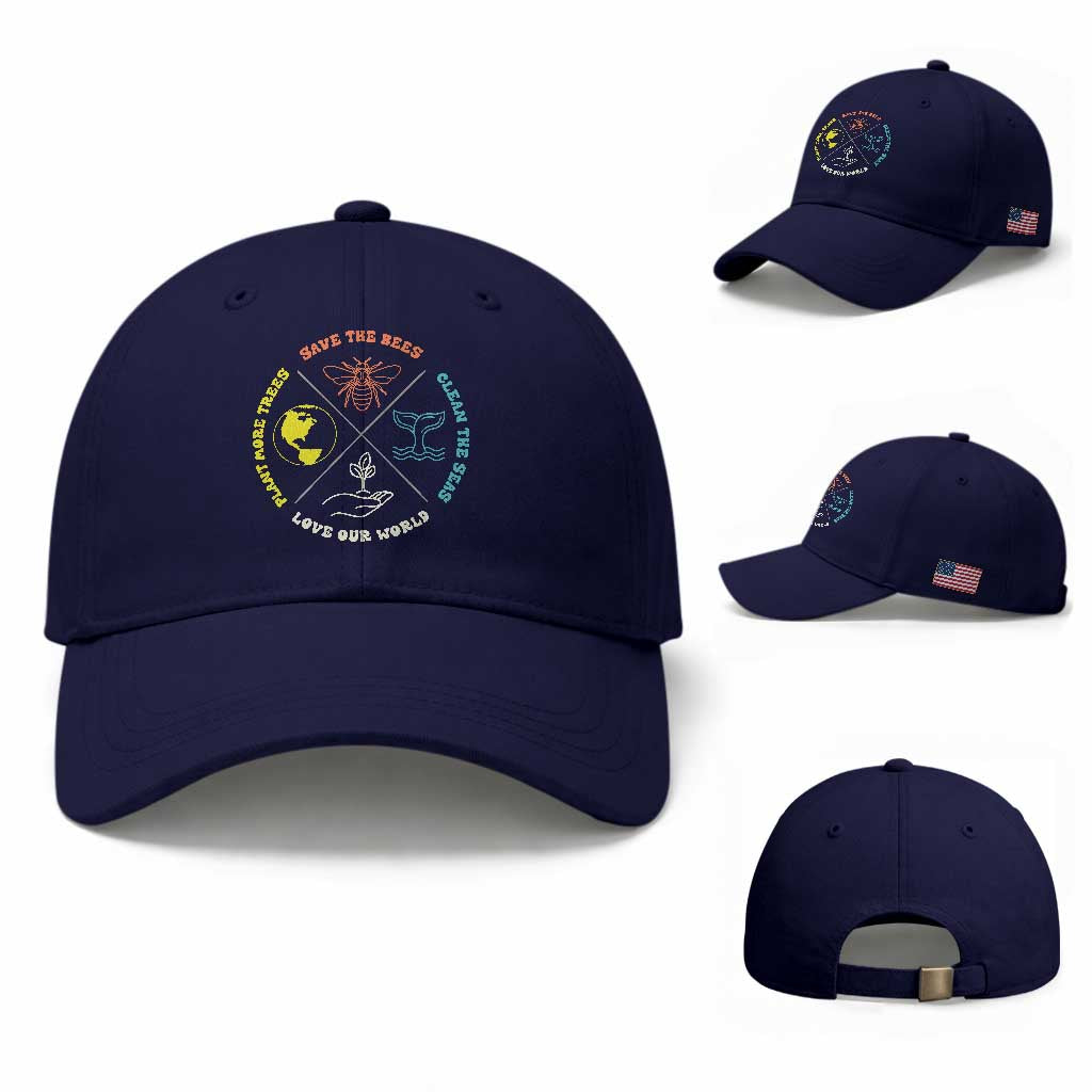 Earth Day Awareness Baseball Cap Save The Bees Plant More Trees Clean The Seas Titties TS14 Baseball Cap Universal Fit Dark Blue Print Your Wear