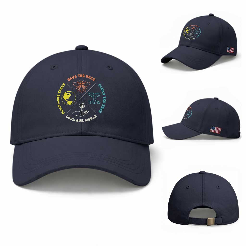 Earth Day Awareness Baseball Cap Save The Bees Plant More Trees Clean The Seas Titties TS14 Baseball Cap Universal Fit Navy Print Your Wear