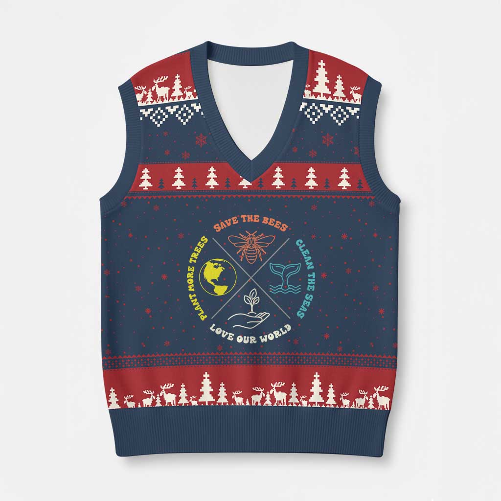 Earth Day Awareness V-Neck Knit Sweater Vest Save The Bees Plant More Trees Clean The Seas Titties TS14 Navy Red Print Your Wear