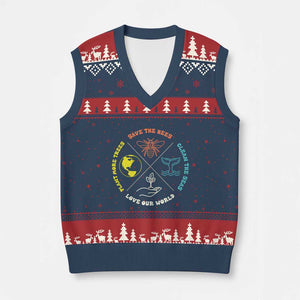 Earth Day Awareness V-Neck Knit Sweater Vest Save The Bees Plant More Trees Clean The Seas Titties TS14 Navy Red Print Your Wear