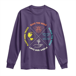 Earth Day Awareness Long Sleeve Shirt Save The Bees Plant More Trees Clean The Seas Titties TS14 Purple Print Your Wear