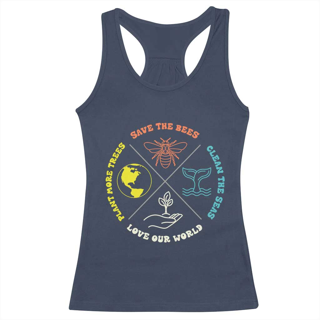 Earth Day Awareness Racerback Tank Top Save The Bees Plant More Trees Clean The Seas Titties TS14 Navy Print Your Wear