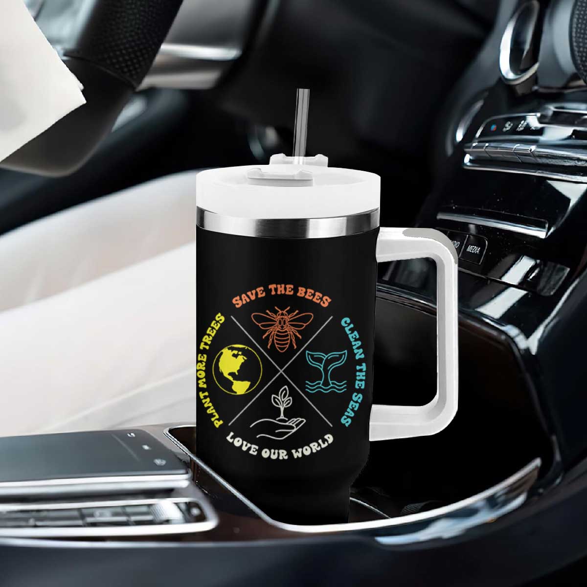 Earth Day Awareness Tumbler With Handle Save The Bees Plant More Trees Clean The Seas Titties TS14 Print Your Wear