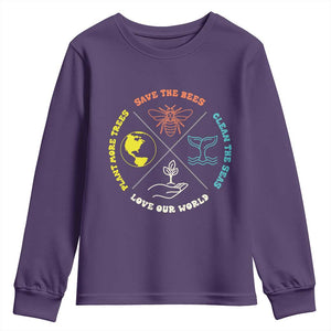 Earth Day Awareness Youth Sweatshirt Save The Bees Plant More Trees Clean The Seas Titties TS14 Purple Print Your Wear