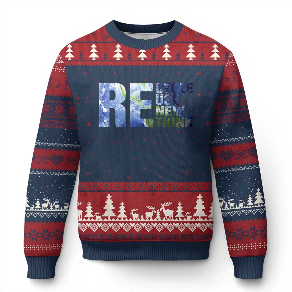 Earth Day Ugly Christmas Sweater Recycle Reuse Renew Rethink TS14 Navy Red Print Your Wear