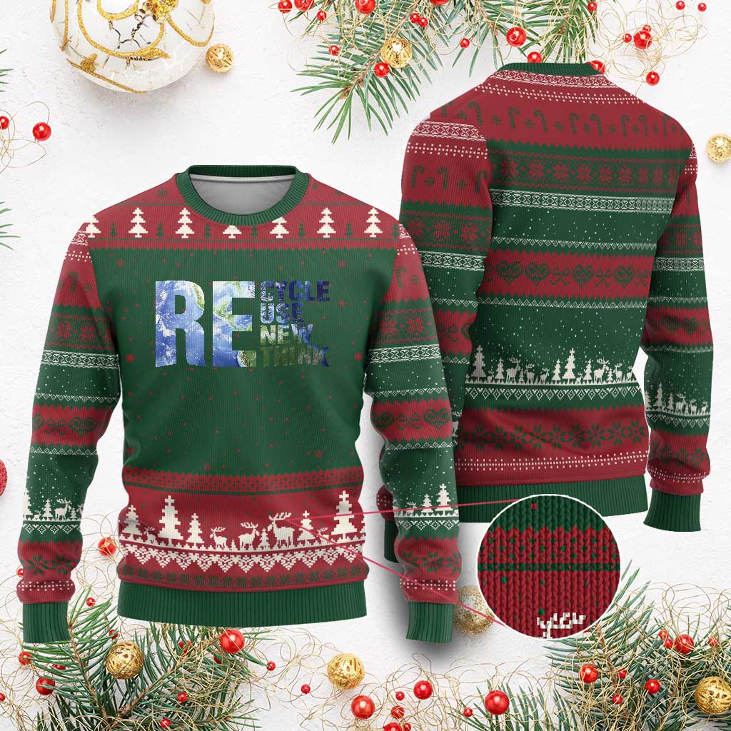 Earth Day Ugly Christmas Sweater Recycle Reuse Renew Rethink TS14 Red Green Print Your Wear