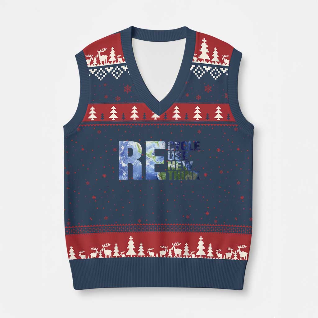 Earth Day V-Neck Knit Sweater Vest Recycle Reuse Renew Rethink TS14 Navy Red Print Your Wear