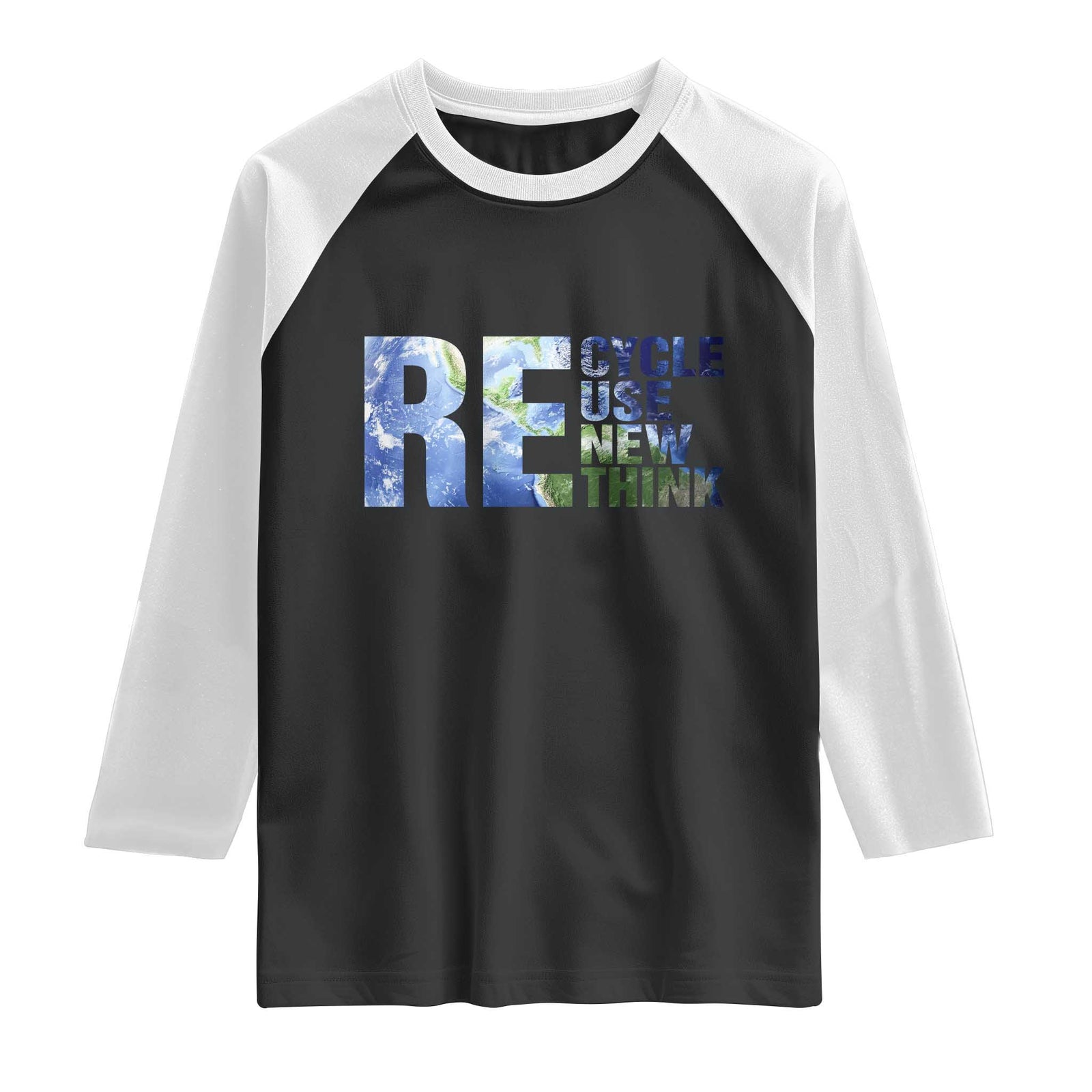 Earth Day Raglan Shirt Recycle Reuse Renew Rethink TS14 Black White Print Your Wear