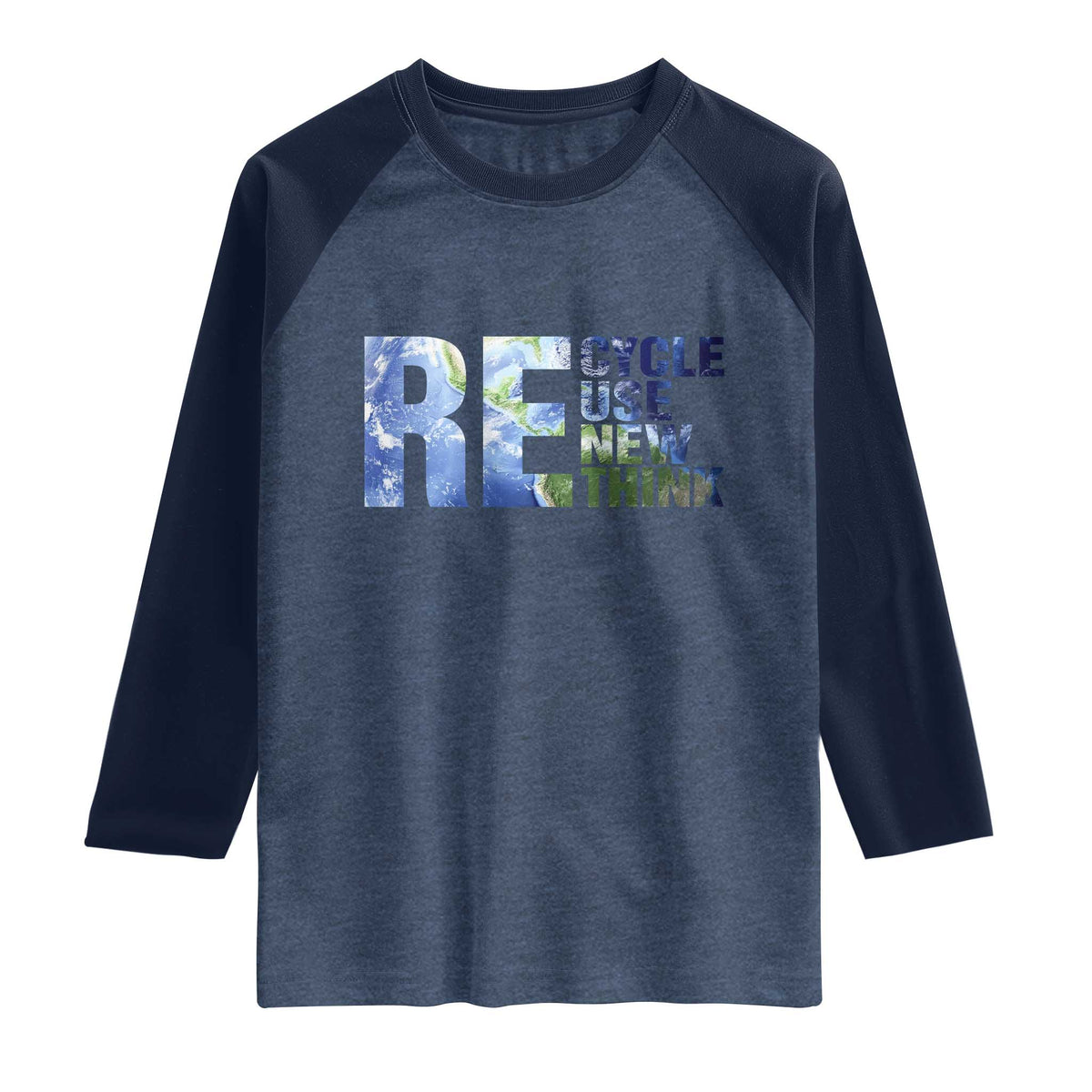 Earth Day Raglan Shirt Recycle Reuse Renew Rethink TS14 Heather Denim Navy Print Your Wear